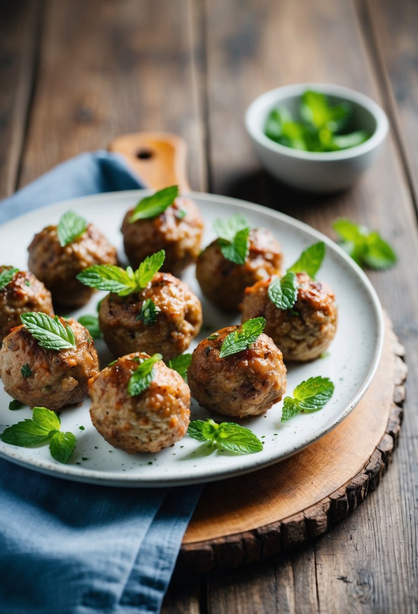 A platter of lamb meatballs garnished with fresh mint leaves on a rustic wooden table