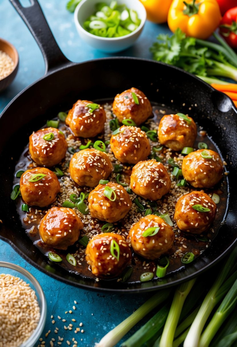 A sizzling skillet of teriyaki chicken meatballs, garnished with sesame seeds and green onions, surrounded by a colorful array of fresh ingredients