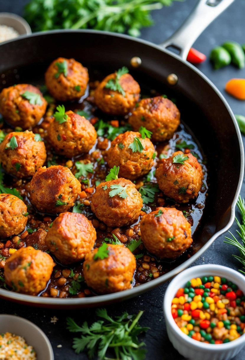 A sizzling skillet of spicy chorizo meatballs, surrounded by fresh herbs and colorful spices