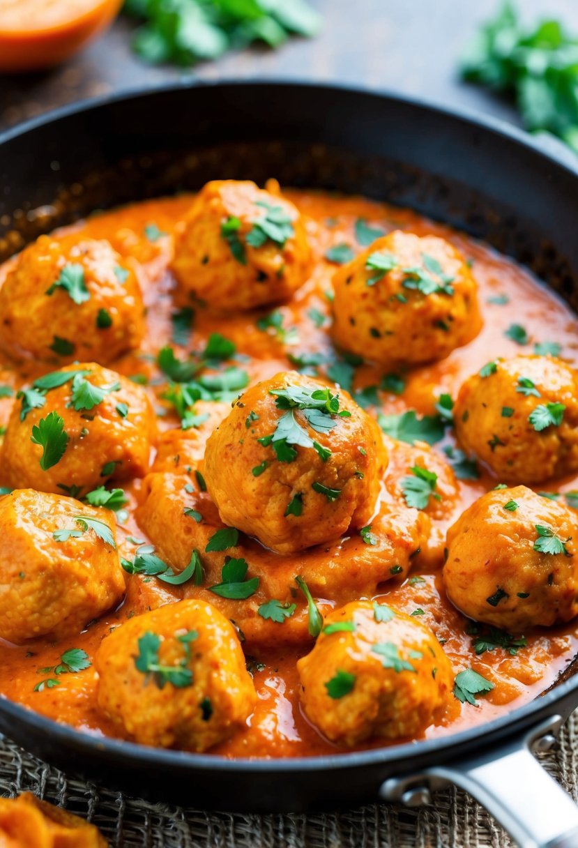 Buffalo chicken meatballs sizzling in a hot skillet, surrounded by bubbling buffalo sauce and garnished with fresh chopped herbs