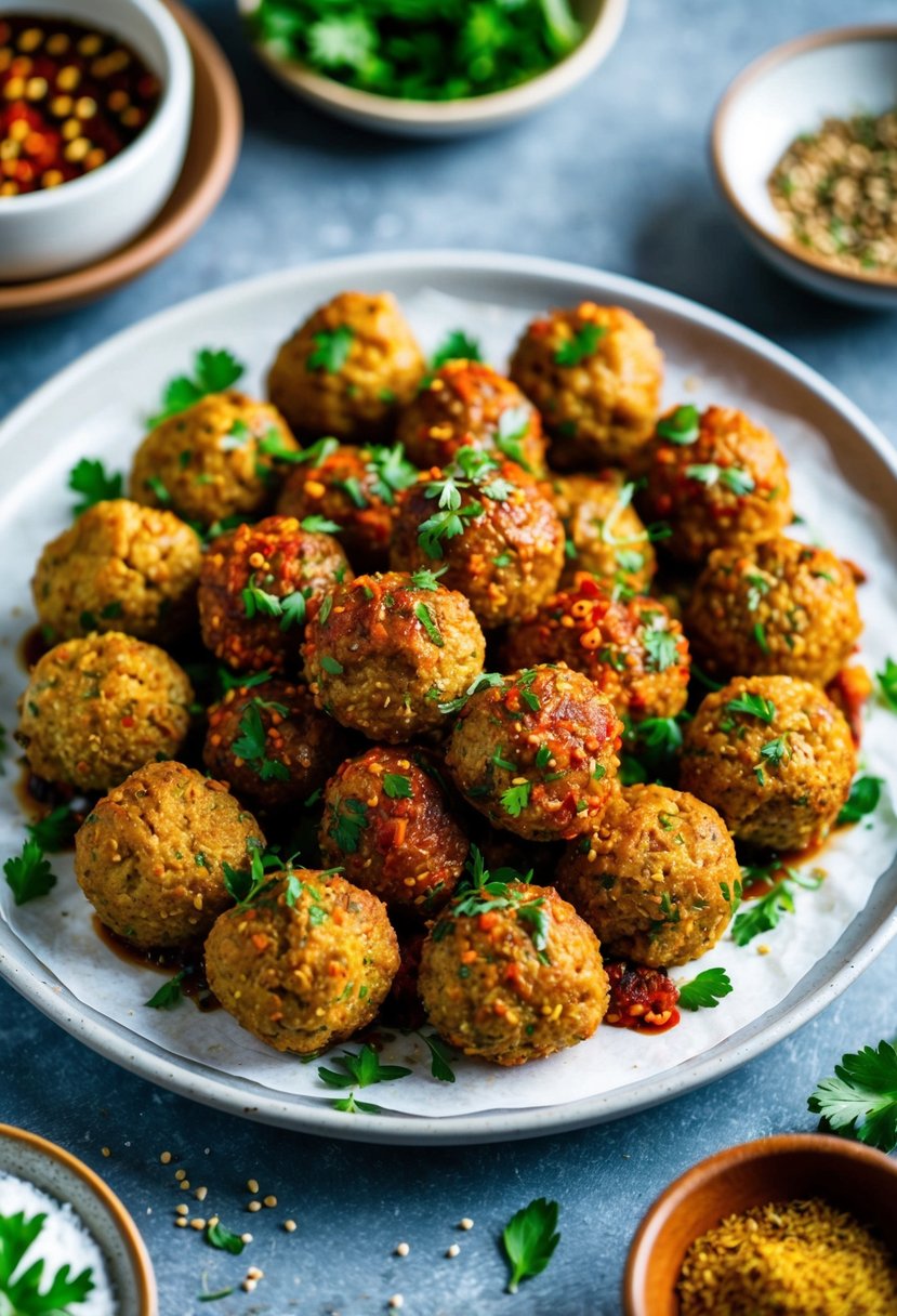 A platter of Moroccan spiced meatballs with vibrant herbs and spices