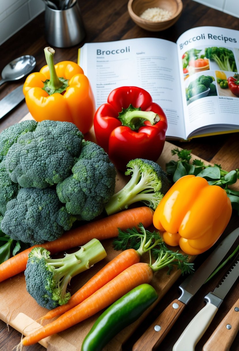 Fresh broccoli, carrots, and bell peppers arranged on a cutting board, surrounded by various kitchen utensils and a recipe book open to a page on broccoli recipes