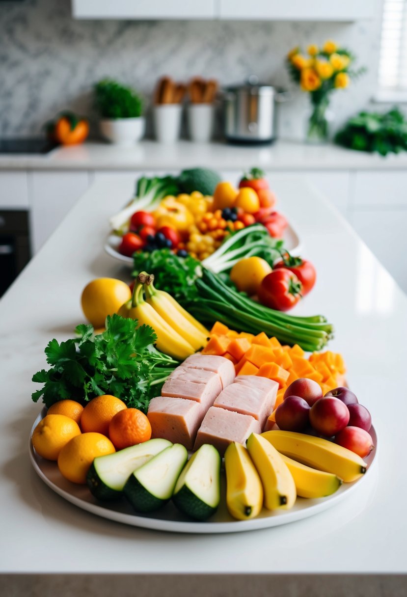 A spread of colorful fruits, vegetables, and lean proteins arranged on a clean, white kitchen counter