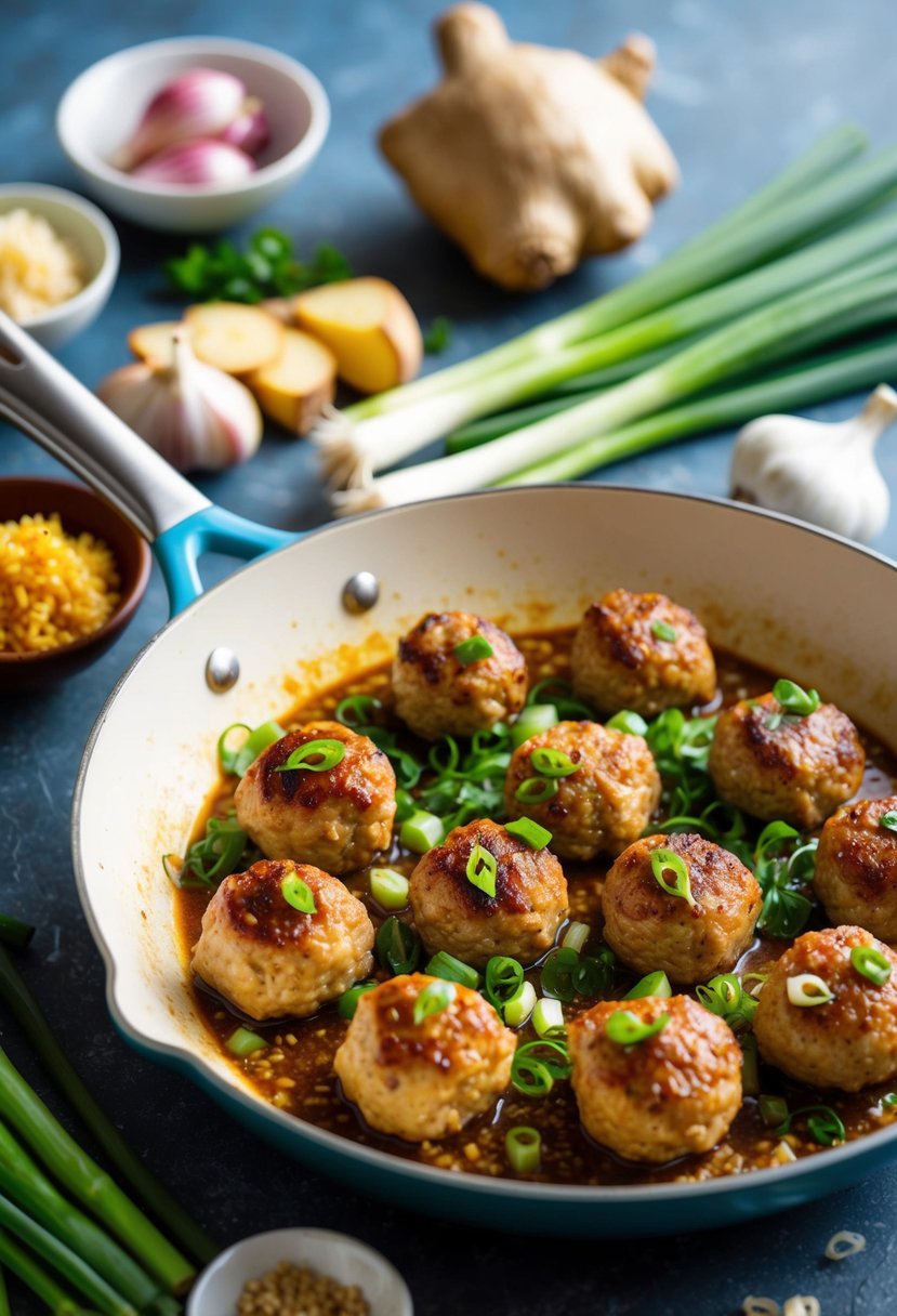 A sizzling skillet of Asian pork meatballs, surrounded by a colorful array of fresh ingredients like ginger, garlic, and green onions