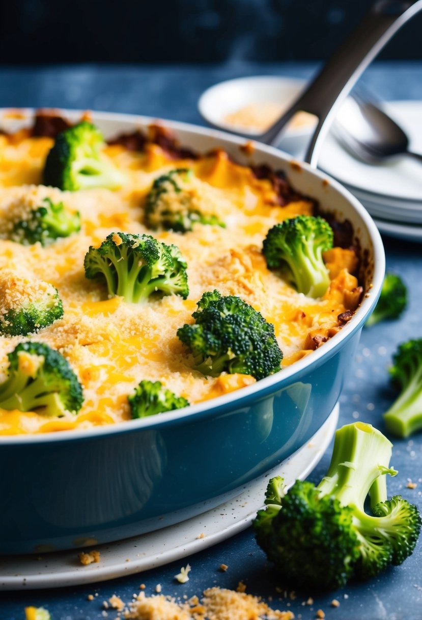 A bubbling casserole dish filled with creamy broccoli and melted cheese, surrounded by fresh broccoli florets and a sprinkle of breadcrumbs