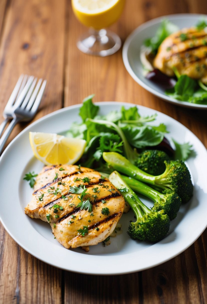 A plate with grilled lemon herb chicken, broccoli, and a side salad on a wooden table