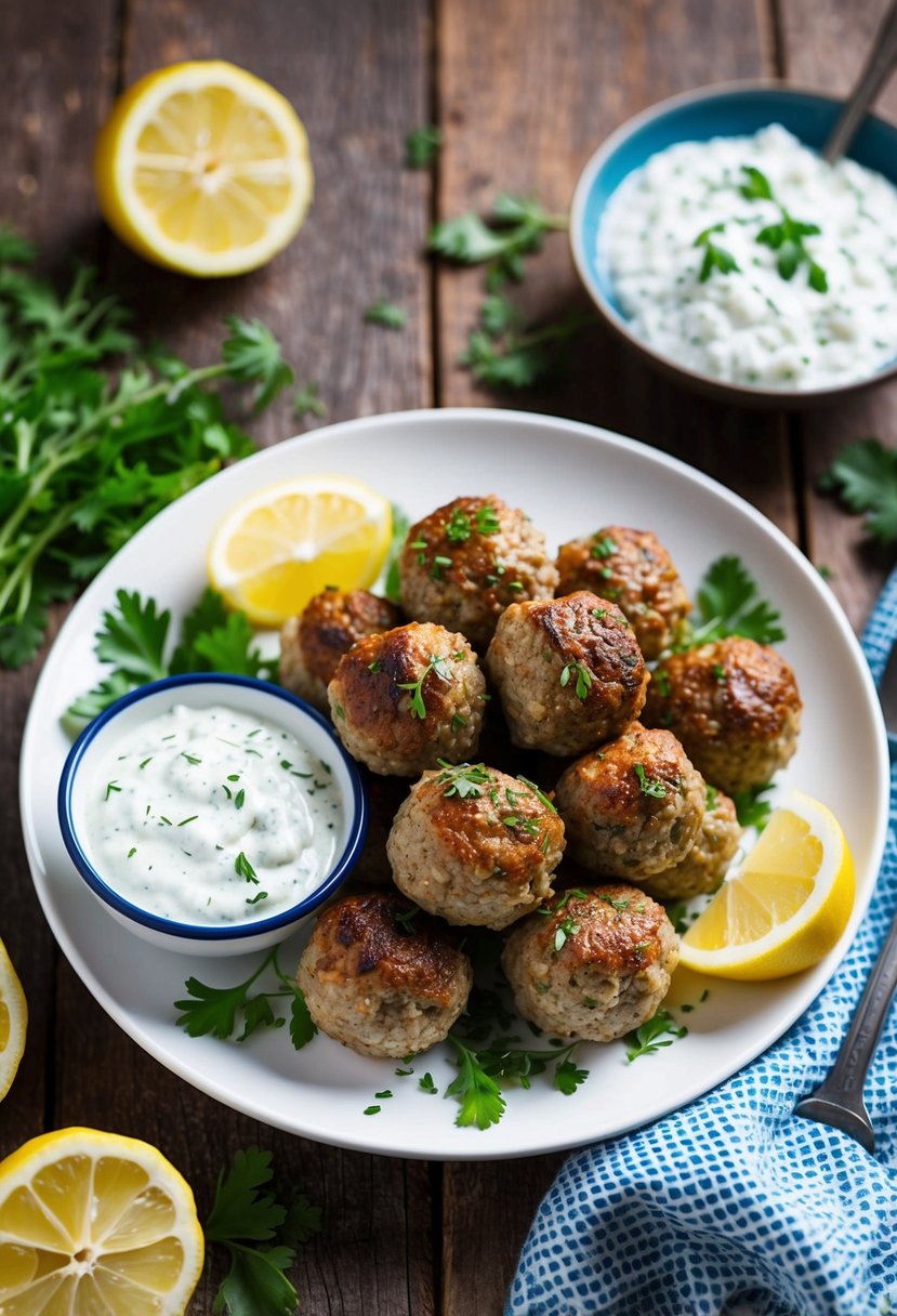 A platter of Greek meatballs with a side of tzatziki sauce, surrounded by fresh herbs and lemon wedges on a rustic wooden table