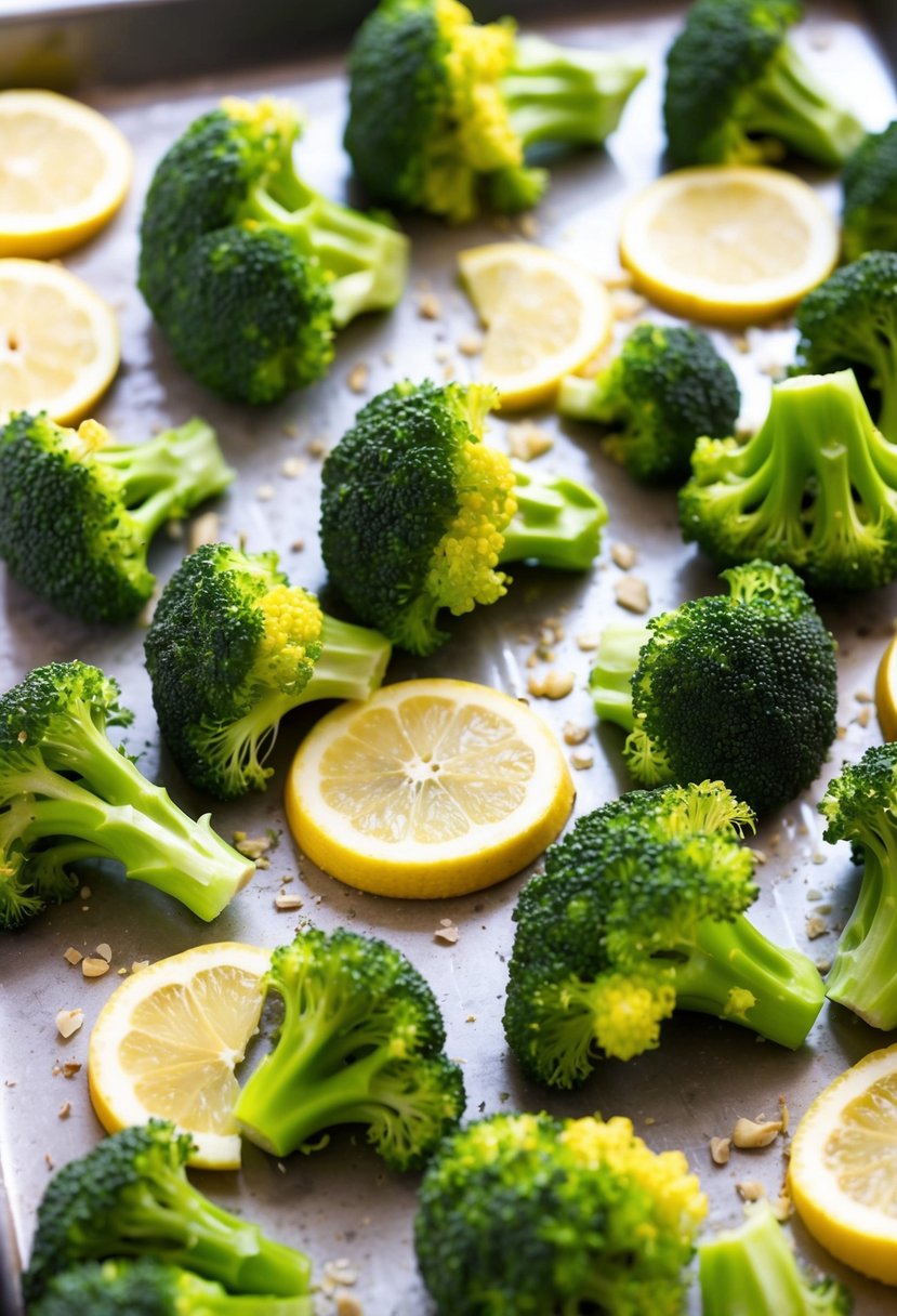 Fresh broccoli florets coated in lemon and garlic, arranged on a baking sheet ready for roasting