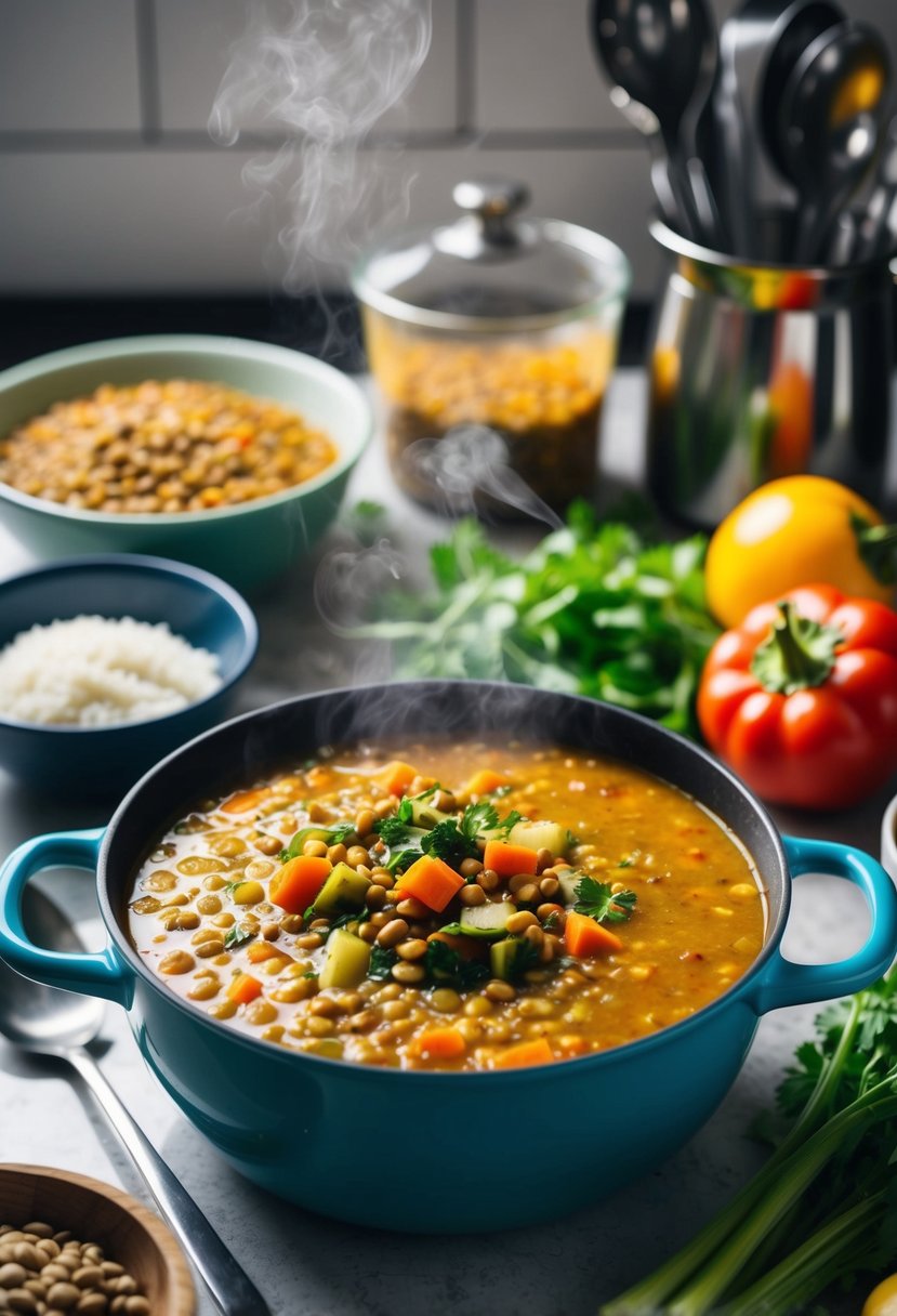 A steaming pot of spicy lentil and vegetable soup surrounded by fresh ingredients and cooking utensils on a kitchen counter