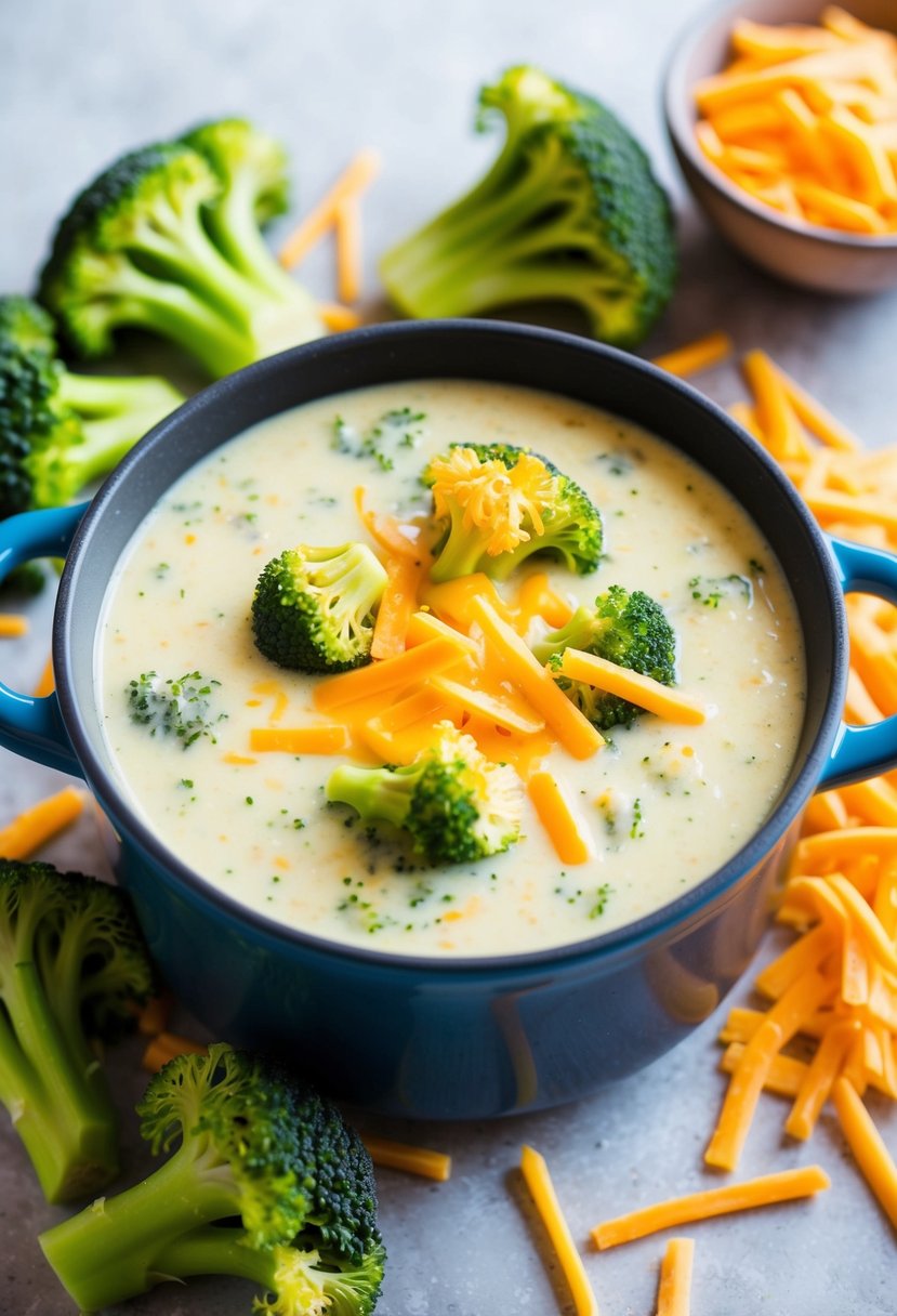 A steaming pot of creamy broccoli cheddar soup, surrounded by fresh broccoli florets and a sprinkle of shredded cheddar cheese