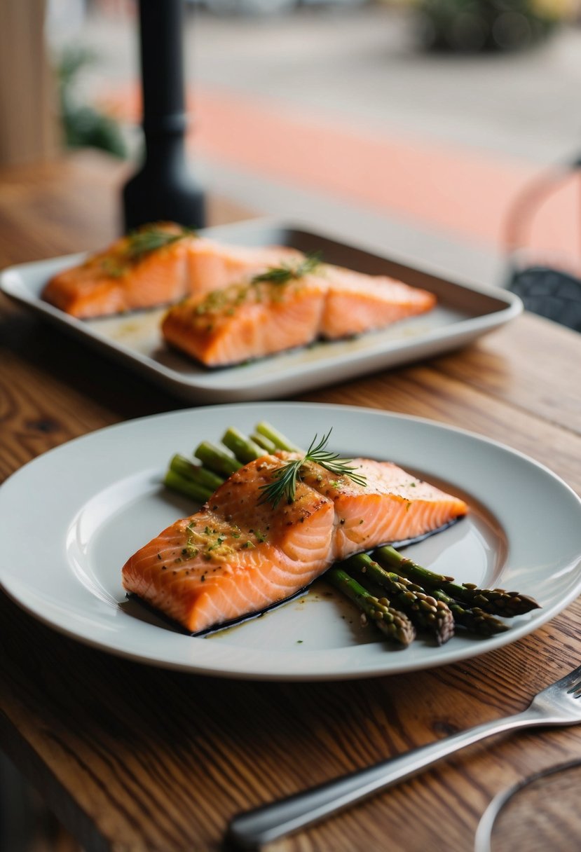 A plate of baked salmon and asparagus on a wooden table