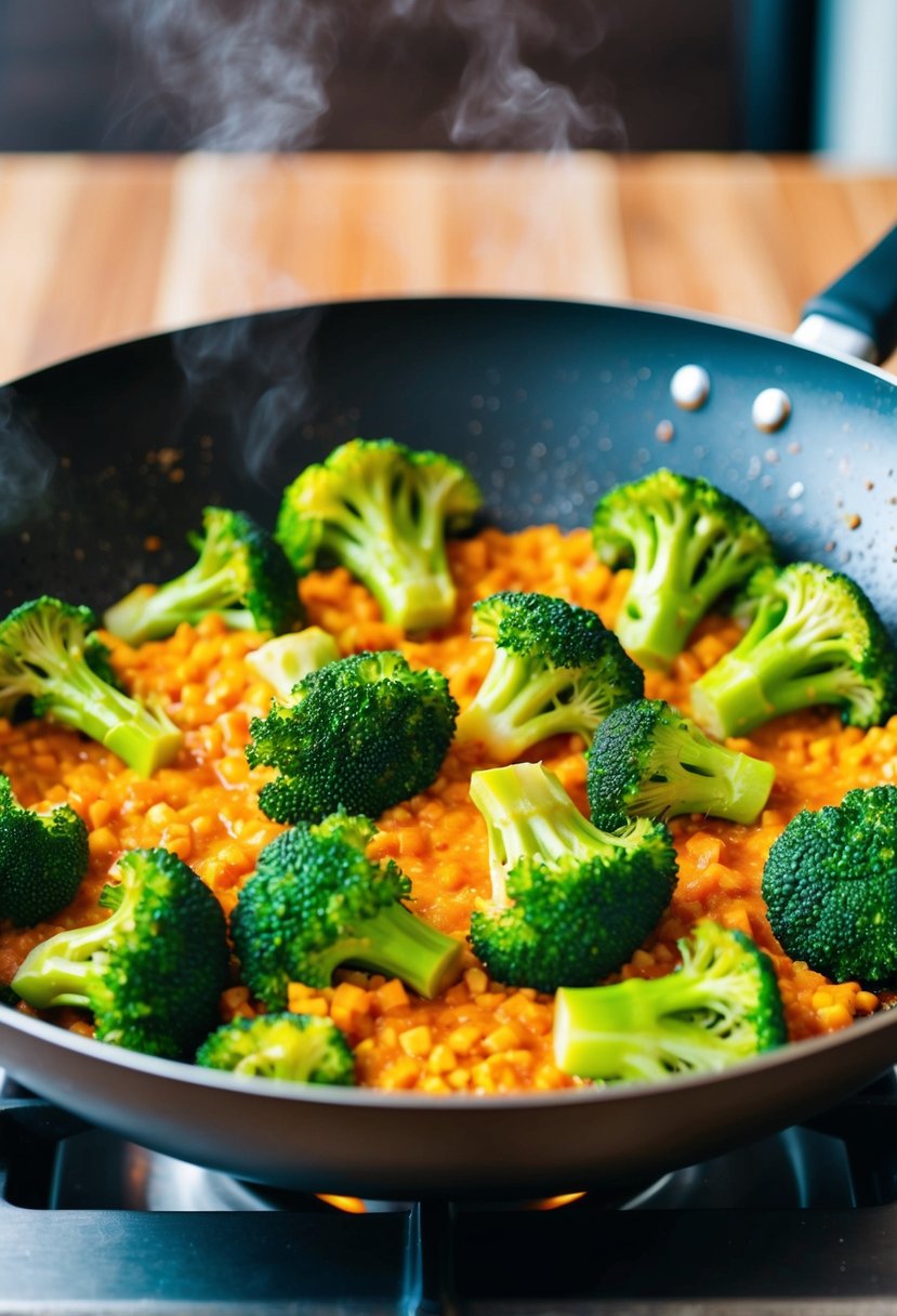 A sizzling wok full of vibrant broccoli florets, sizzling in a spicy, aromatic stir-fry sauce