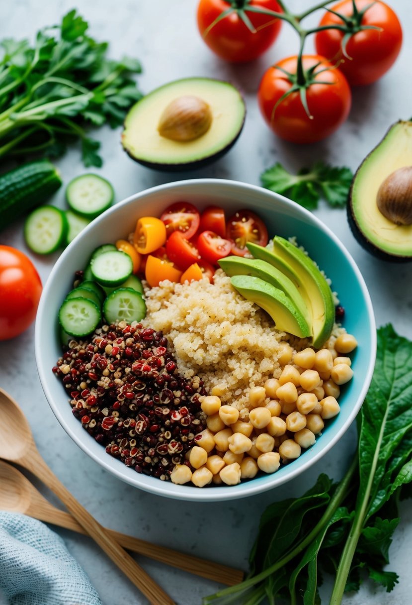 A colorful bowl filled with quinoa, chickpeas, and avocado, surrounded by fresh ingredients like tomatoes, cucumbers, and leafy greens