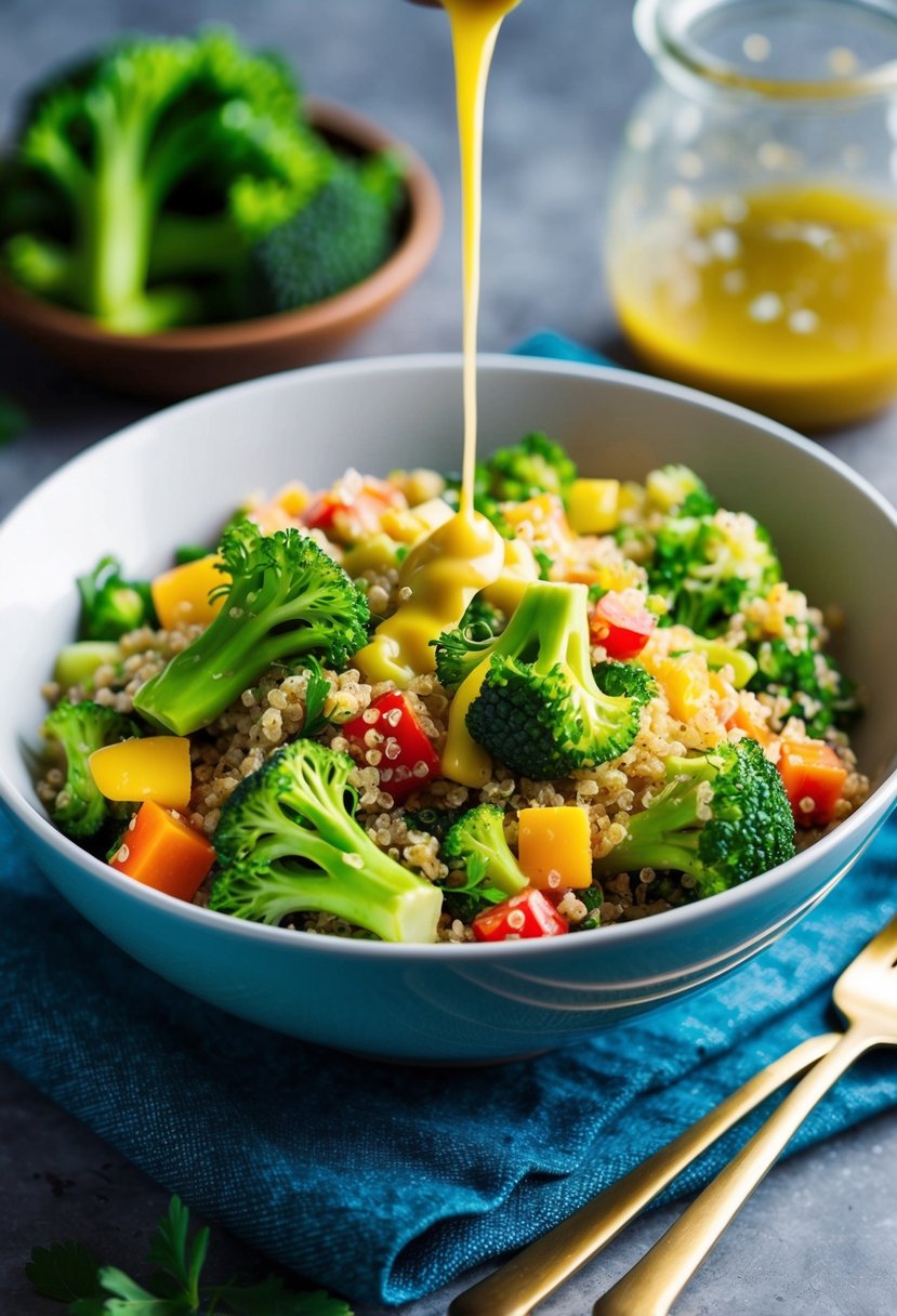 A vibrant bowl of broccoli and quinoa salad, with colorful vegetables and a drizzle of dressing