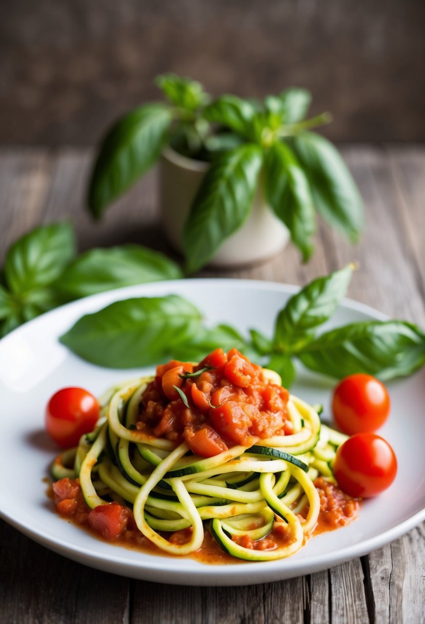 A plate of zucchini noodles topped with tomato basil sauce, surrounded by fresh basil leaves and cherry tomatoes