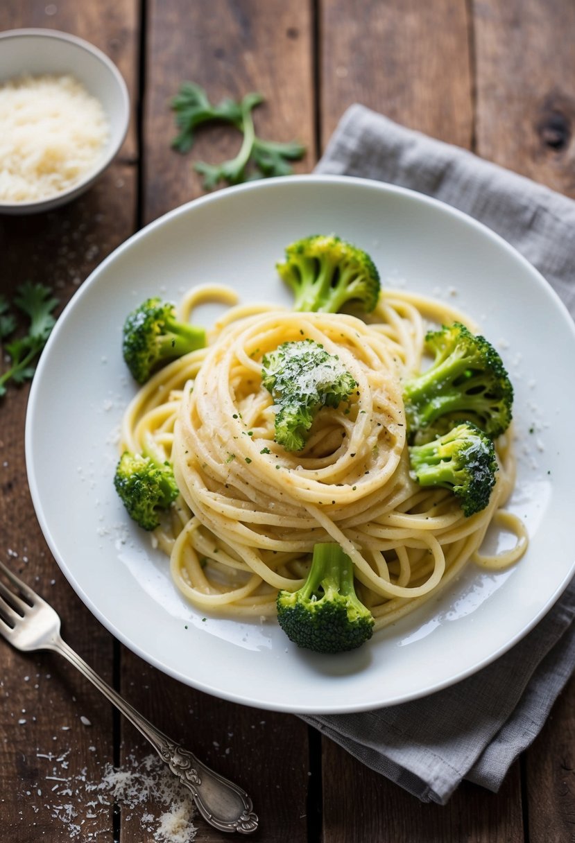 A steaming plate of broccoli alfredo pasta sits on a rustic wooden table, garnished with freshly grated parmesan and cracked black pepper