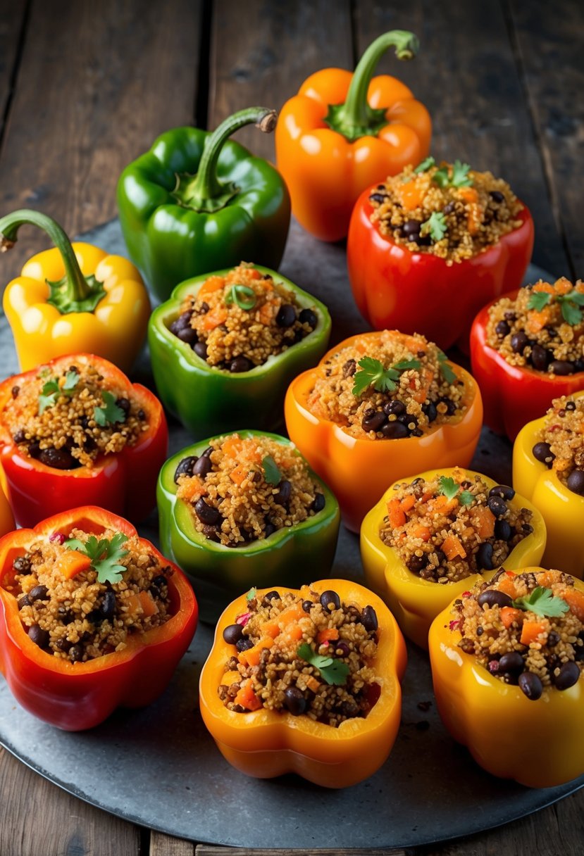 A colorful array of bell peppers stuffed with quinoa and black beans, arranged on a rustic wooden table