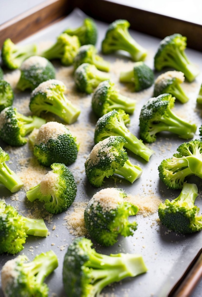 Fresh broccoli florets coated in parmesan, arranged on a baking sheet