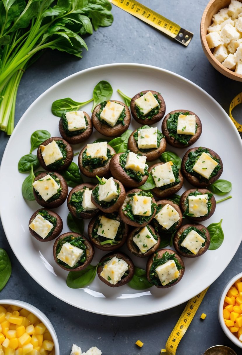 A platter of spinach and feta stuffed mushrooms surrounded by fresh ingredients and a measuring tape