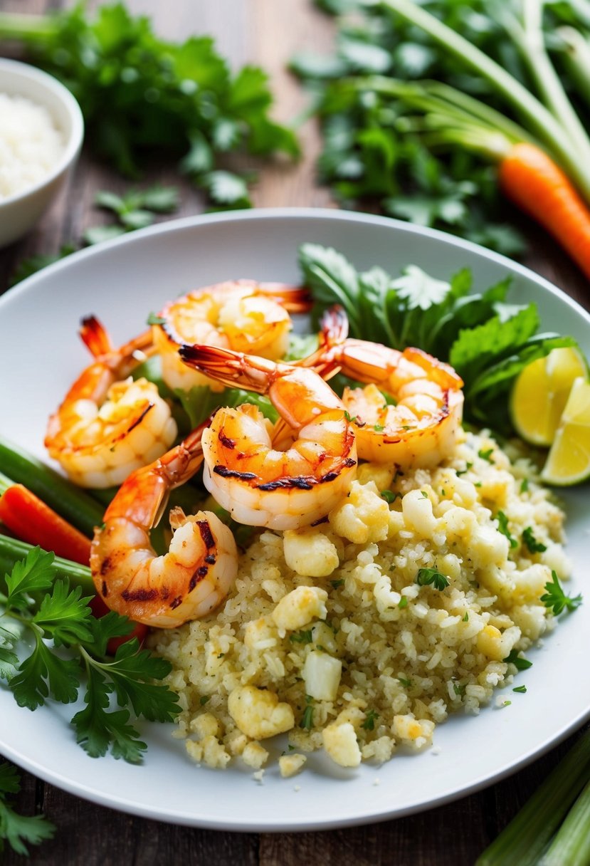 A plate of grilled shrimp and cauliflower rice, surrounded by fresh herbs and colorful vegetables