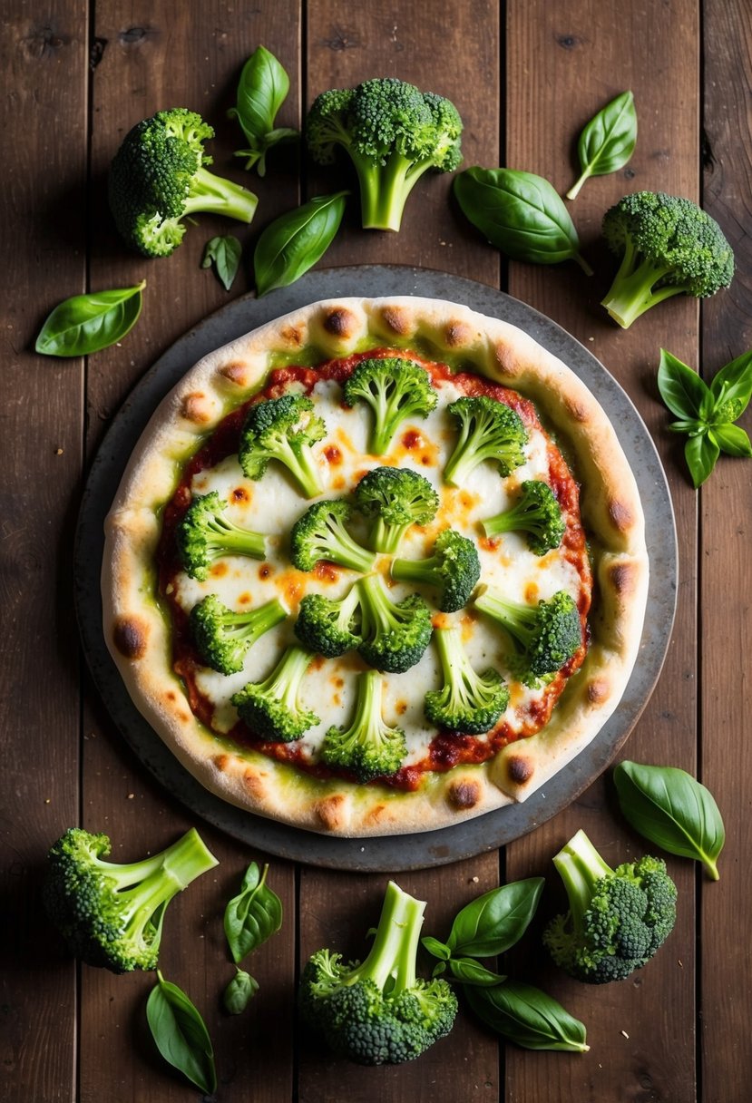 A rustic wooden table with a freshly baked broccoli pesto pizza surrounded by vibrant green broccoli florets and a scattering of basil leaves