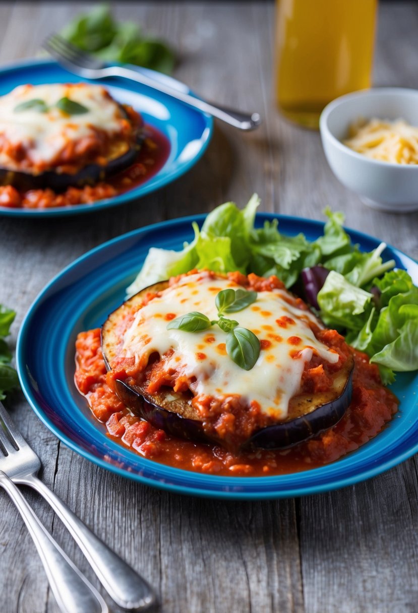 A colorful plate of eggplant parmesan topped with marinara sauce and melted cheese, served with a side of fresh salad