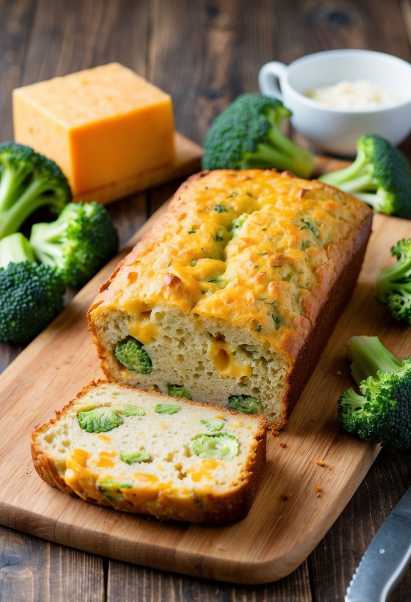 A loaf of savory broccoli cheese bread sits on a wooden cutting board, surrounded by fresh broccoli florets and a block of cheddar cheese