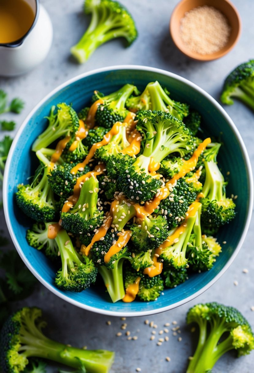 A vibrant bowl of Asian Broccoli Salad surrounded by fresh broccoli florets, sesame seeds, and a drizzle of tangy dressing