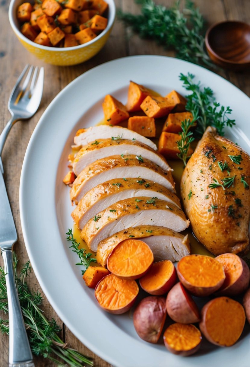 A platter of sliced roasted turkey breast with sweet potatoes and herbs