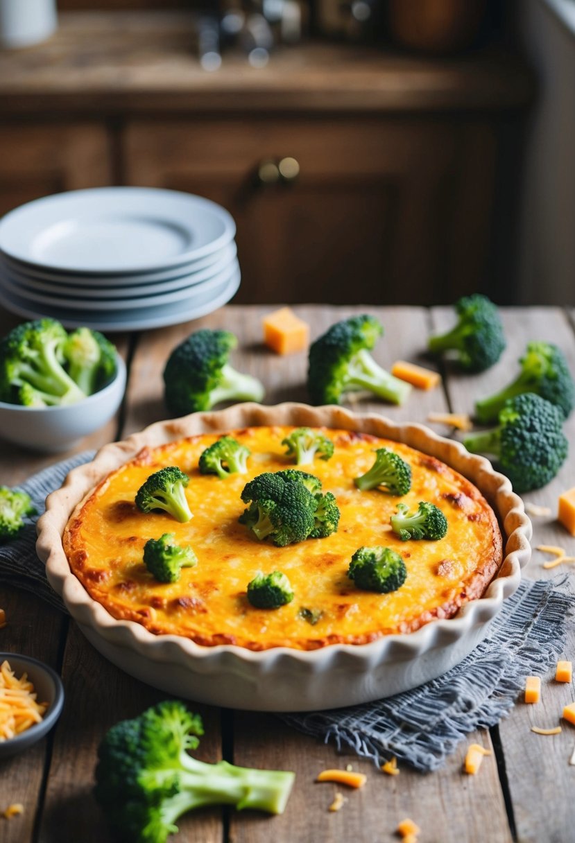 A rustic kitchen table set with a golden-brown broccoli and cheddar quiche, surrounded by fresh broccoli florets and a scattering of cheddar cheese