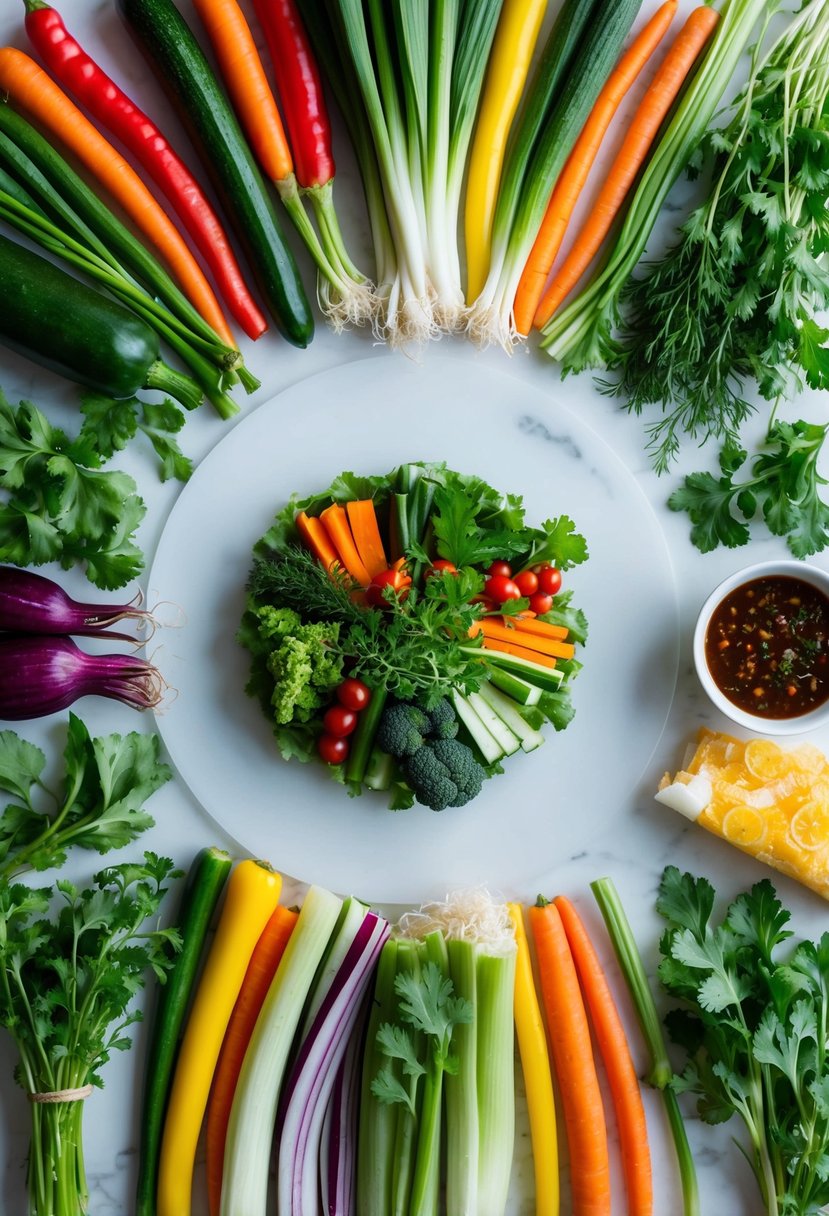 A colorful array of fresh vegetables and herbs arranged on a clean, white surface, surrounded by rice paper wrappers and a small bowl of dipping sauce