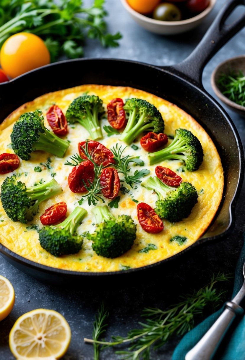 A sizzling broccoli frittata in a cast iron skillet, garnished with sun-dried tomatoes and fresh herbs, surrounded by colorful ingredients on a rustic kitchen counter