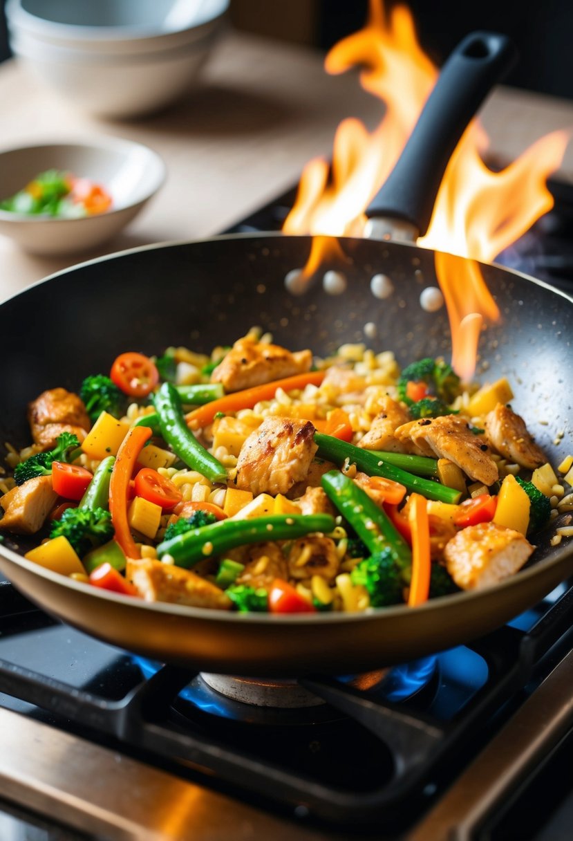 A sizzling stir-fry pan with colorful veggies and chicken cooking over a hot flame