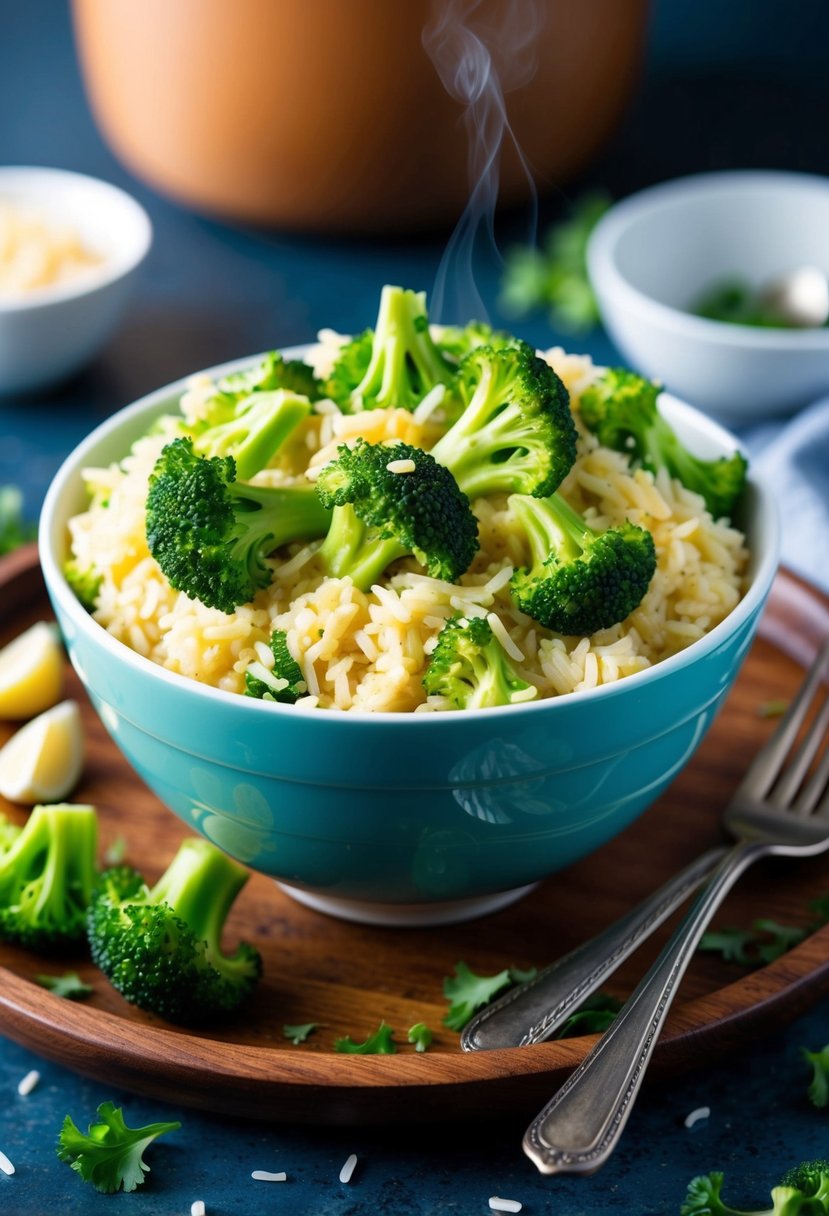 A steaming bowl of garlic butter broccoli rice, with vibrant green broccoli florets mixed in