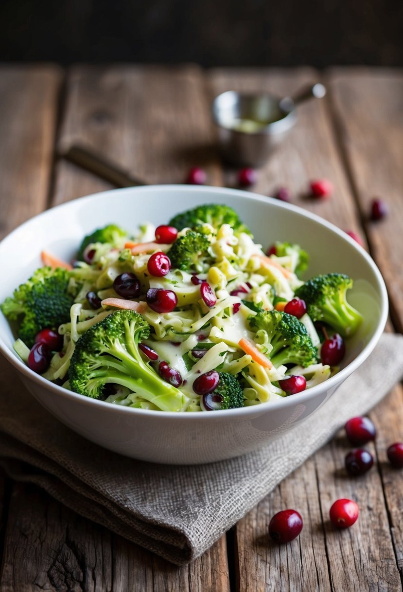 A vibrant bowl of broccoli slaw with scattered cranberries and a light dressing, set on a rustic wooden table