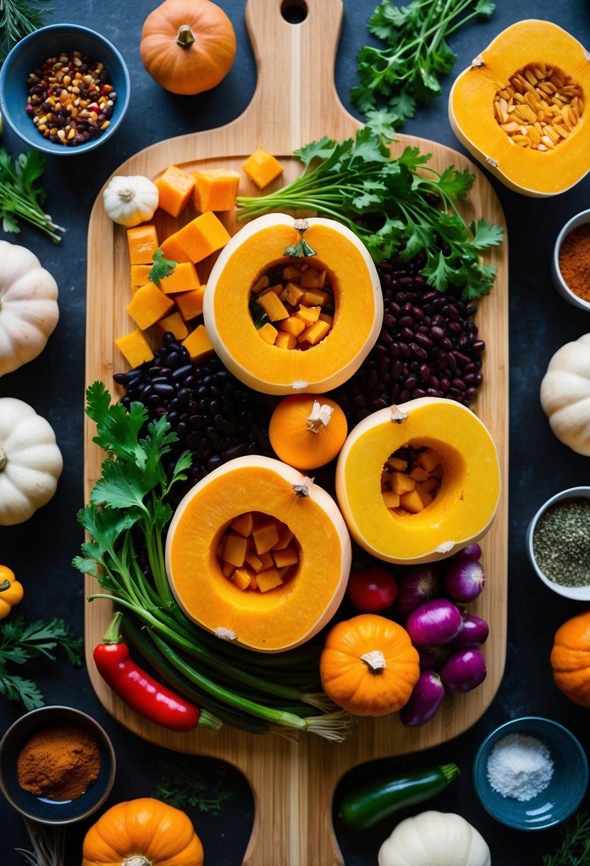 A colorful array of butternut squash, black beans, and fresh vegetables arranged on a wooden cutting board, surrounded by vibrant spices and herbs