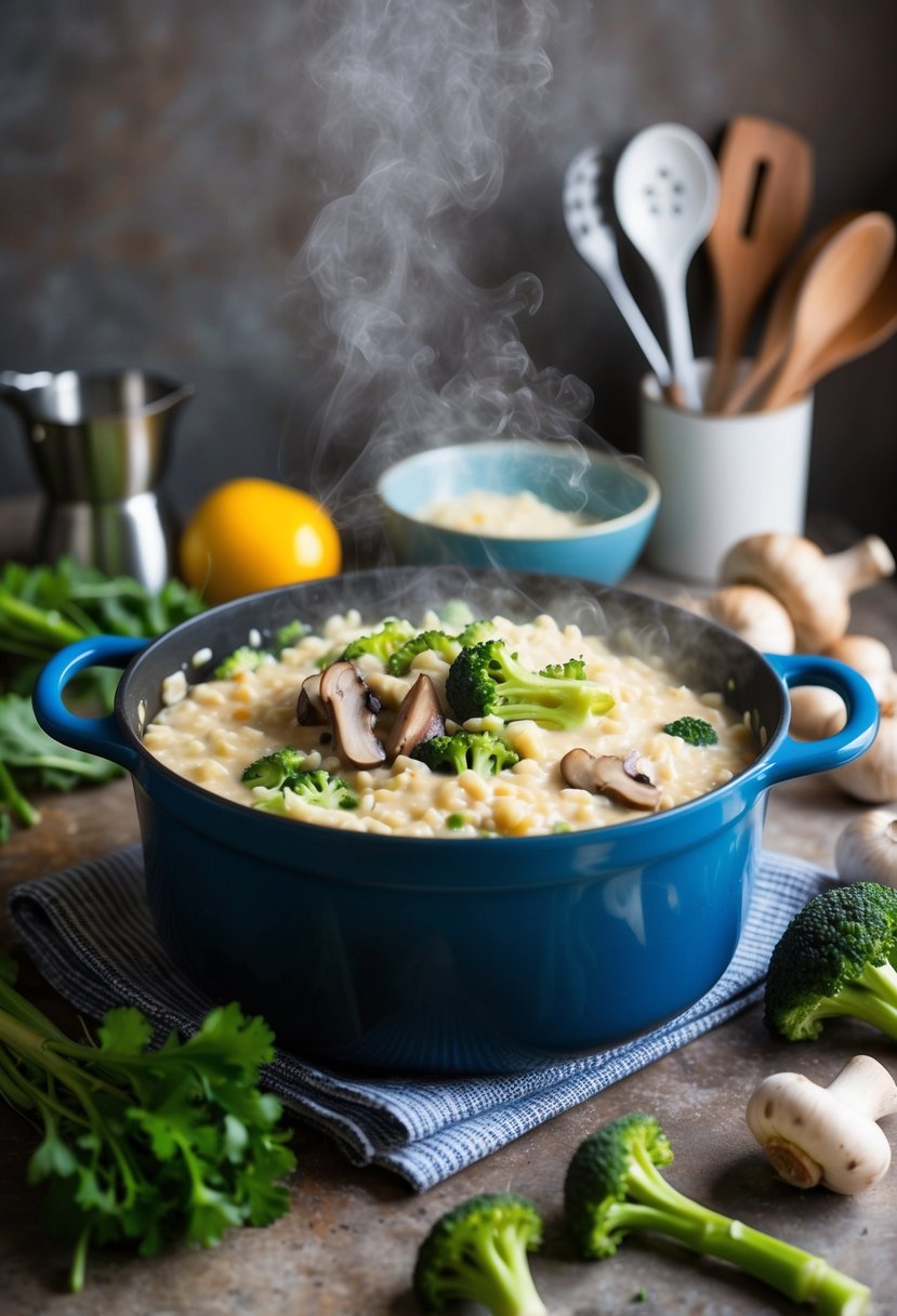 A steaming pot of creamy risotto with broccoli and mushrooms, surrounded by fresh ingredients and cooking utensils on a rustic kitchen counter