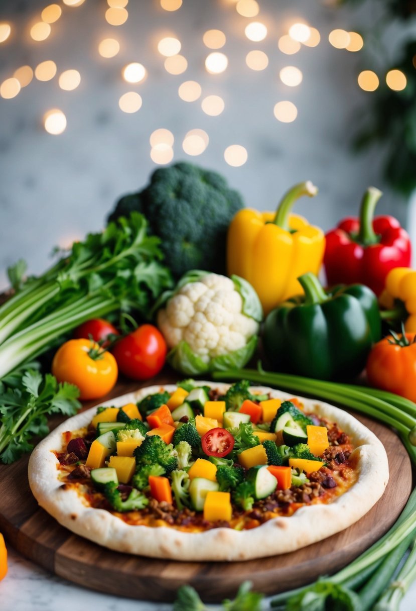 A colorful array of fresh vegetables and a cauliflower crust pizza on a wooden cutting board