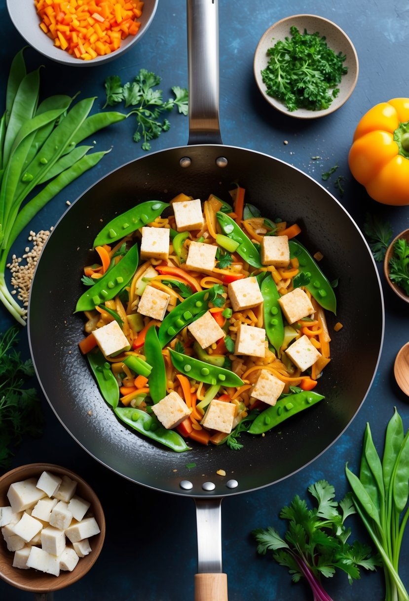 A sizzling wok holds a colorful stir-fry of tofu and snow peas, surrounded by vibrant vegetables and herbs