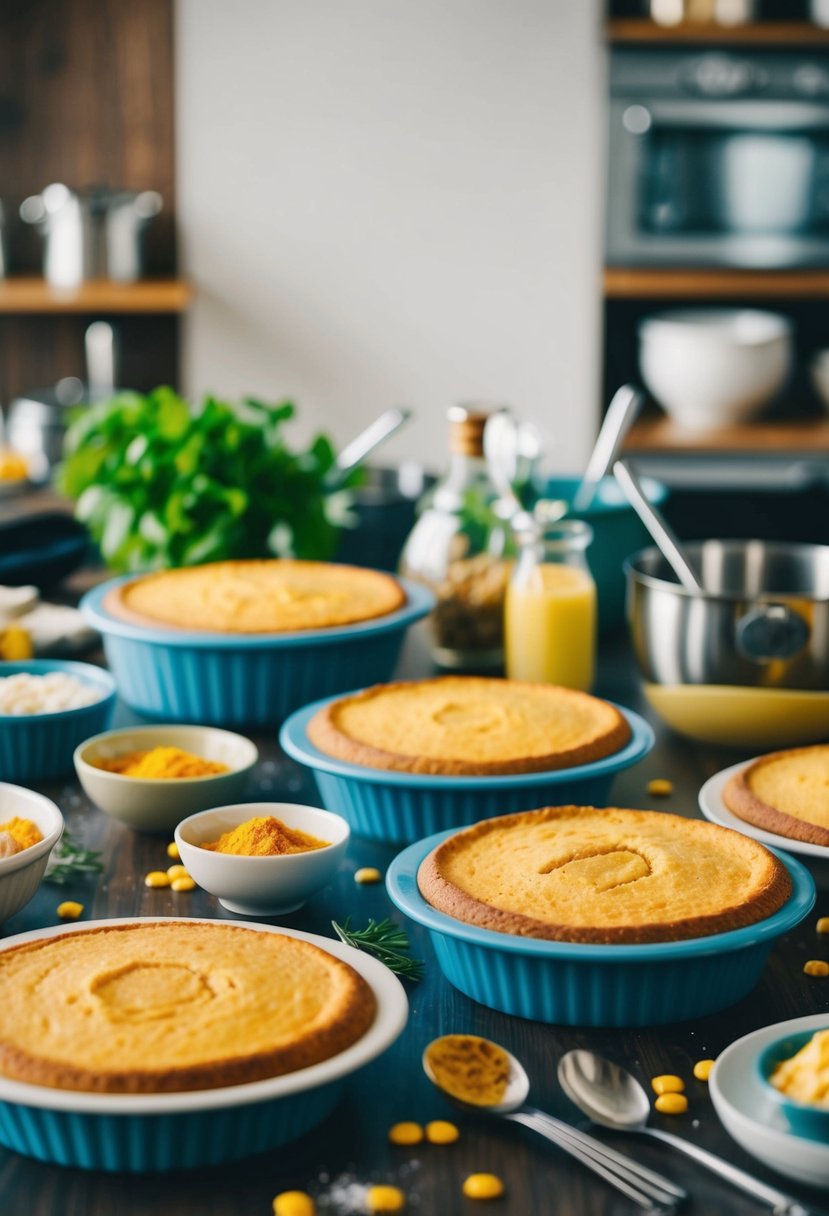 A table filled with freshly baked recipes, surrounded by scattered ingredients and cooking utensils