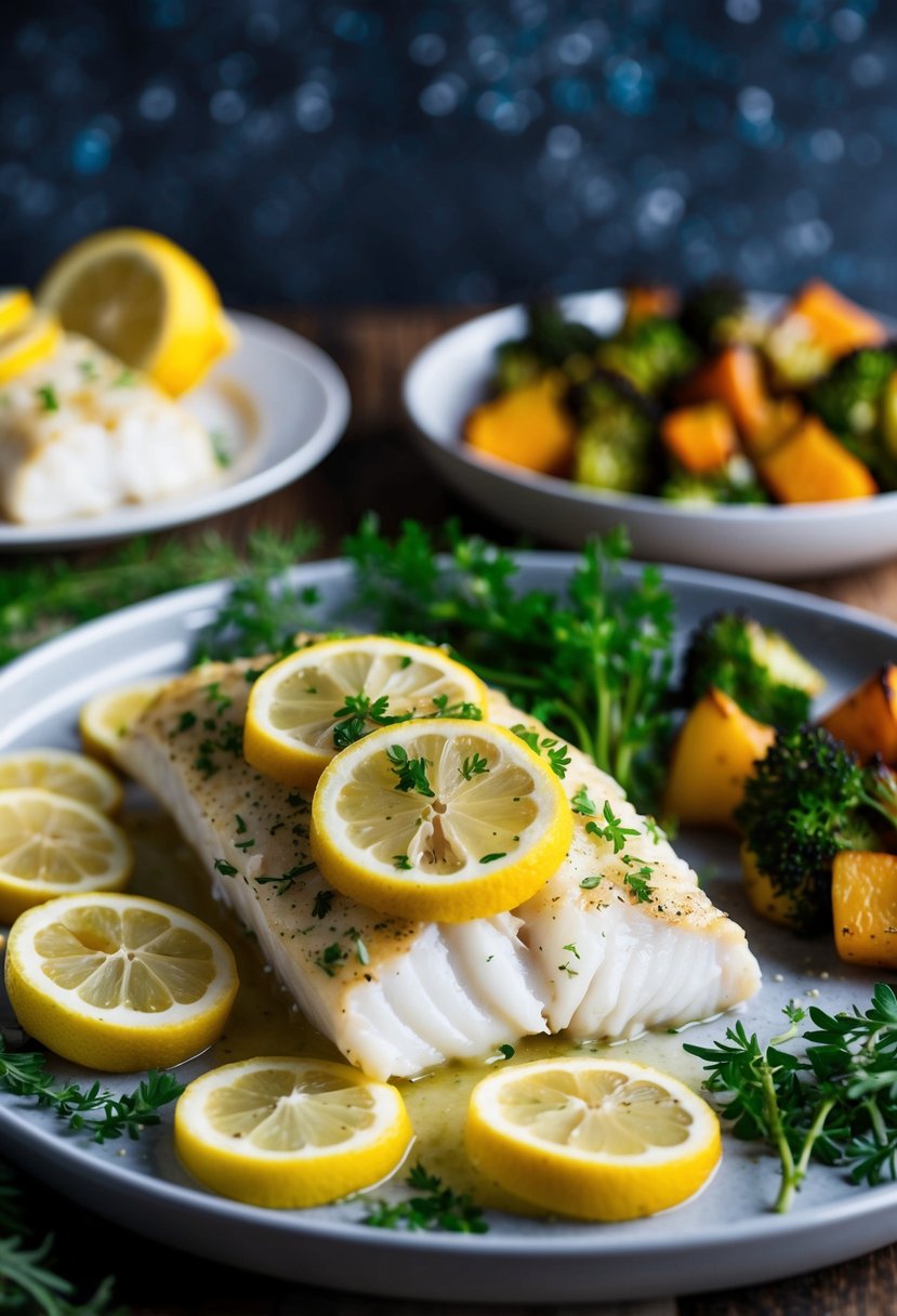 A platter of tangy lemon baked cod surrounded by fresh herbs and slices of lemon, with a side of roasted vegetables