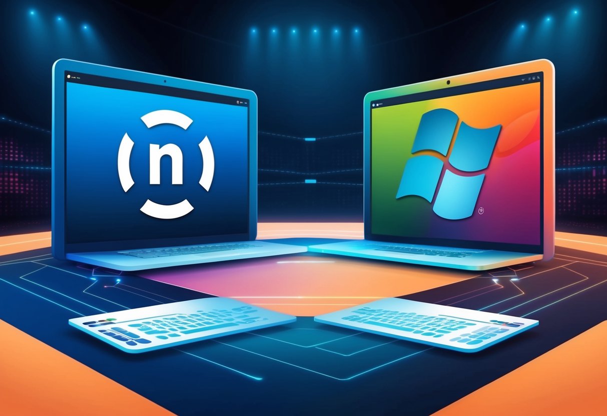 Two software platforms facing off in a digital arena, each represented by their own unique logo and color scheme