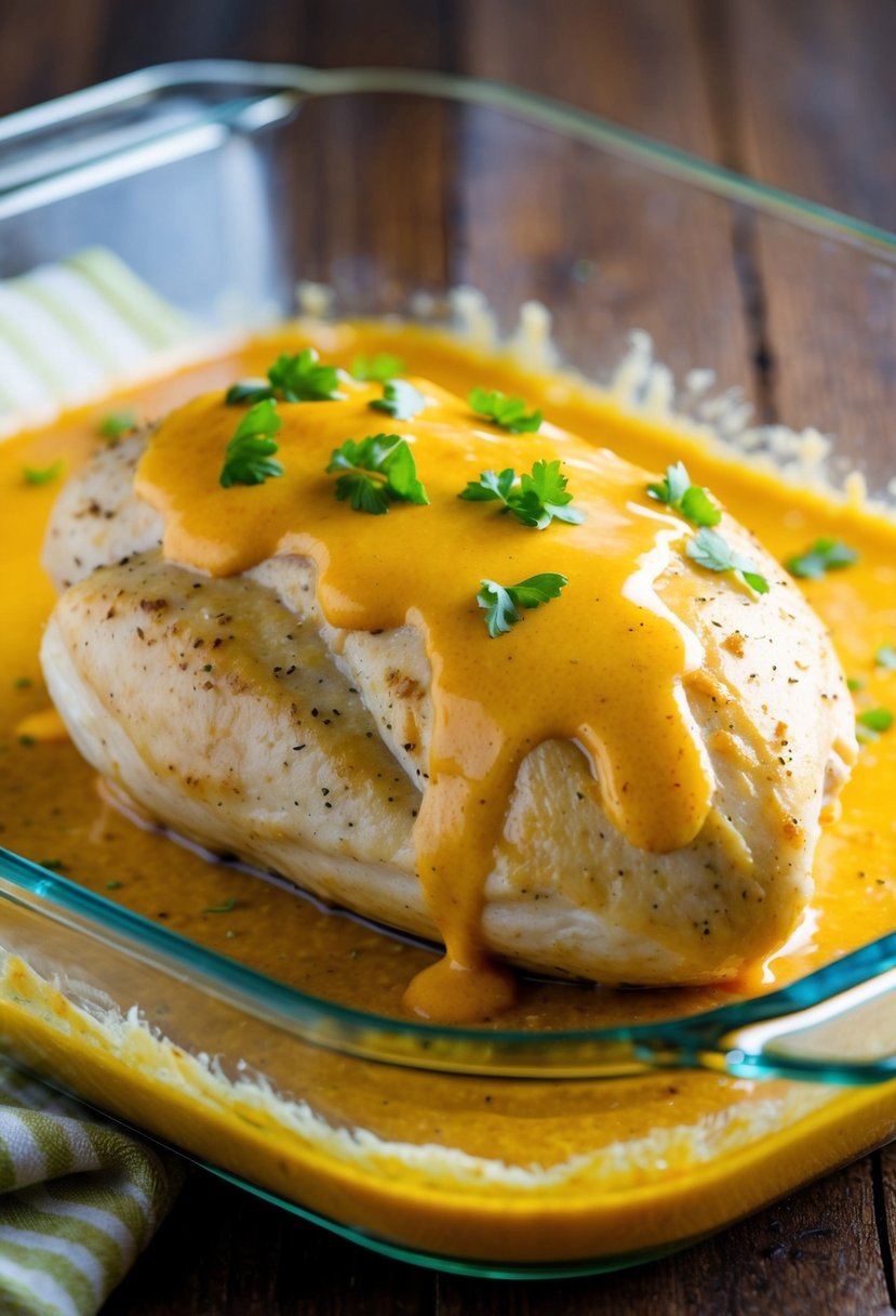 A whole chicken breast coated in Catalina dressing and baked to golden perfection in a glass baking dish