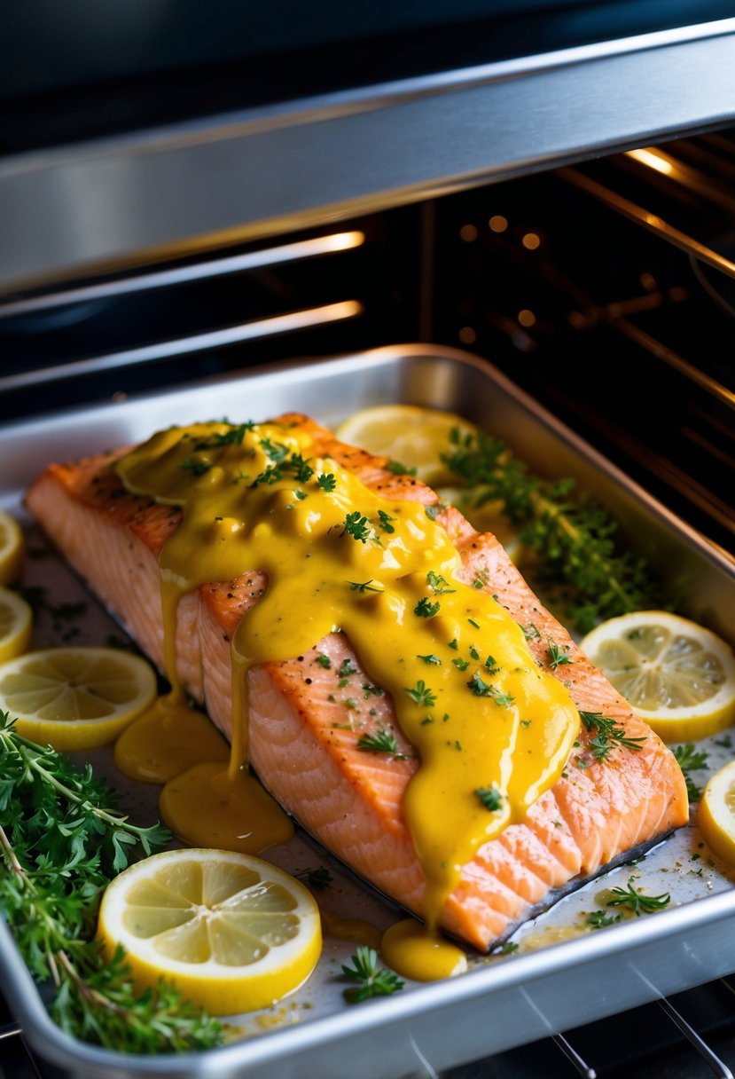 A salmon fillet drizzled with honey mustard sauce, surrounded by fresh herbs and lemon slices, baking in the oven