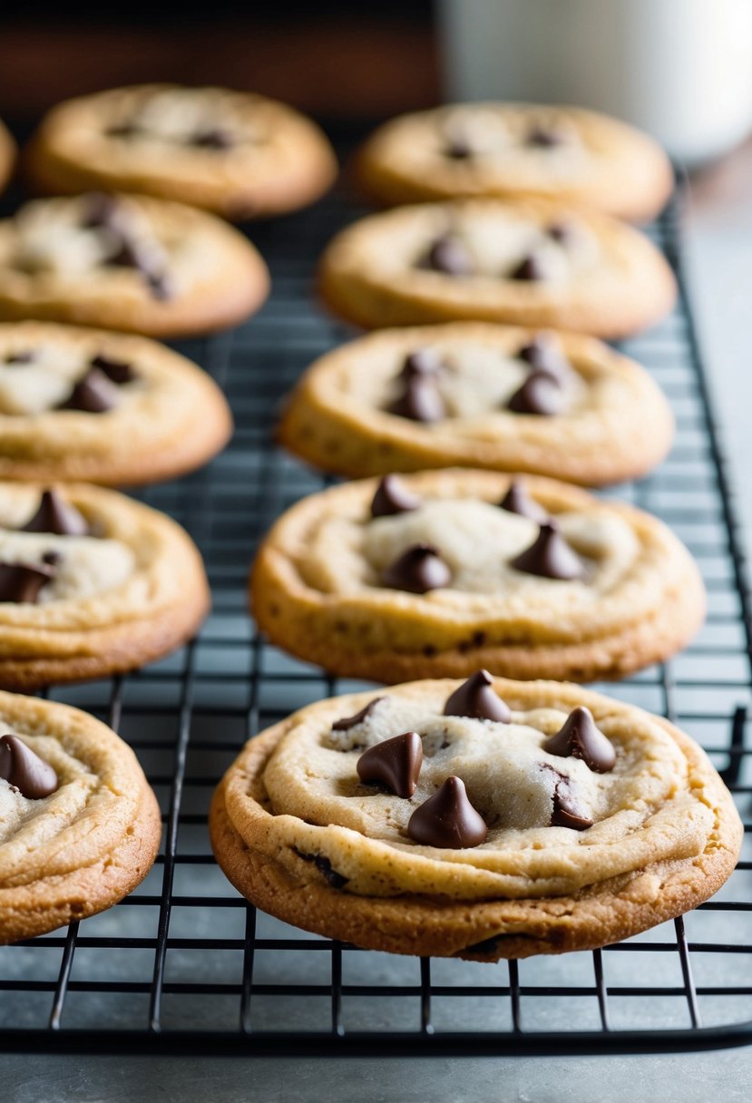 A batch of chocolate chip cookies cooling on a wire rack