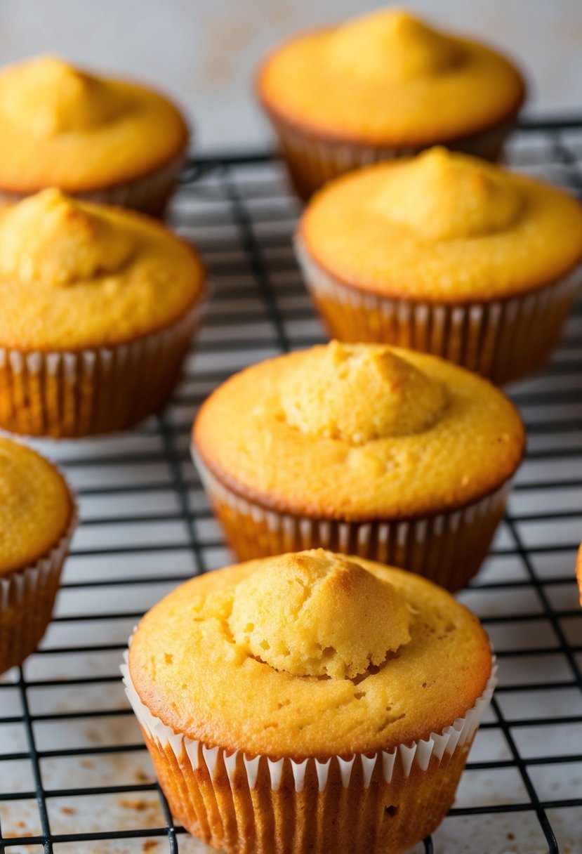 Freshly baked cornbread muffins cooling on a wire rack. A warm, golden glow from the oven highlights the rustic texture of the muffins