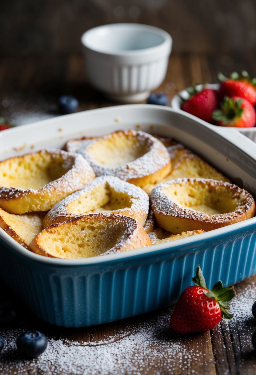 A golden French Toast Casserole bakes in a ceramic dish, surrounded by fresh berries and a dusting of powdered sugar