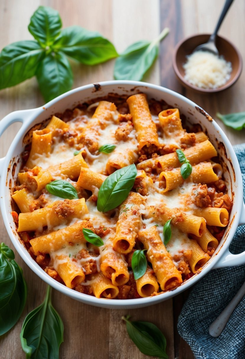 A bubbling dish of baked ziti pasta, golden and crispy on top, surrounded by fresh basil leaves and a sprinkle of parmesan cheese