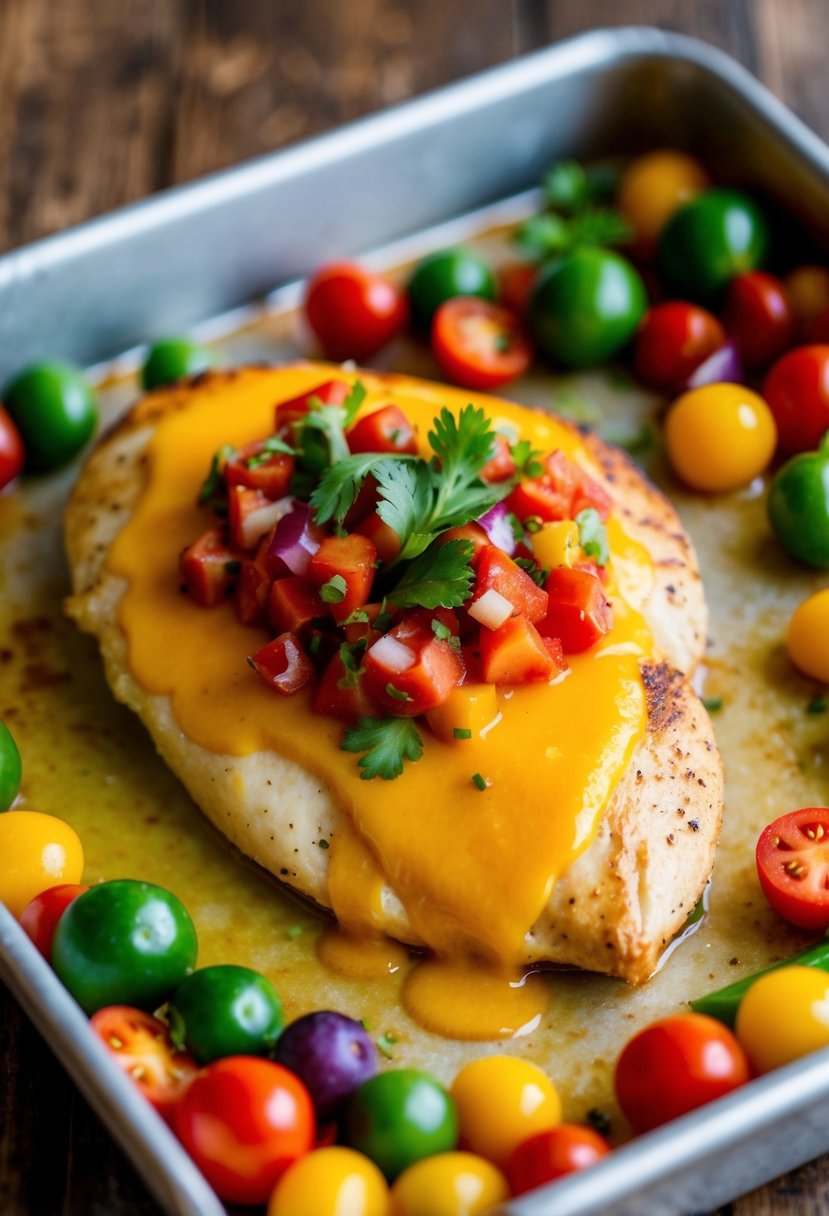 A golden-brown chicken breast topped with melted cheese and vibrant salsa, surrounded by colorful vegetables on a baking tray