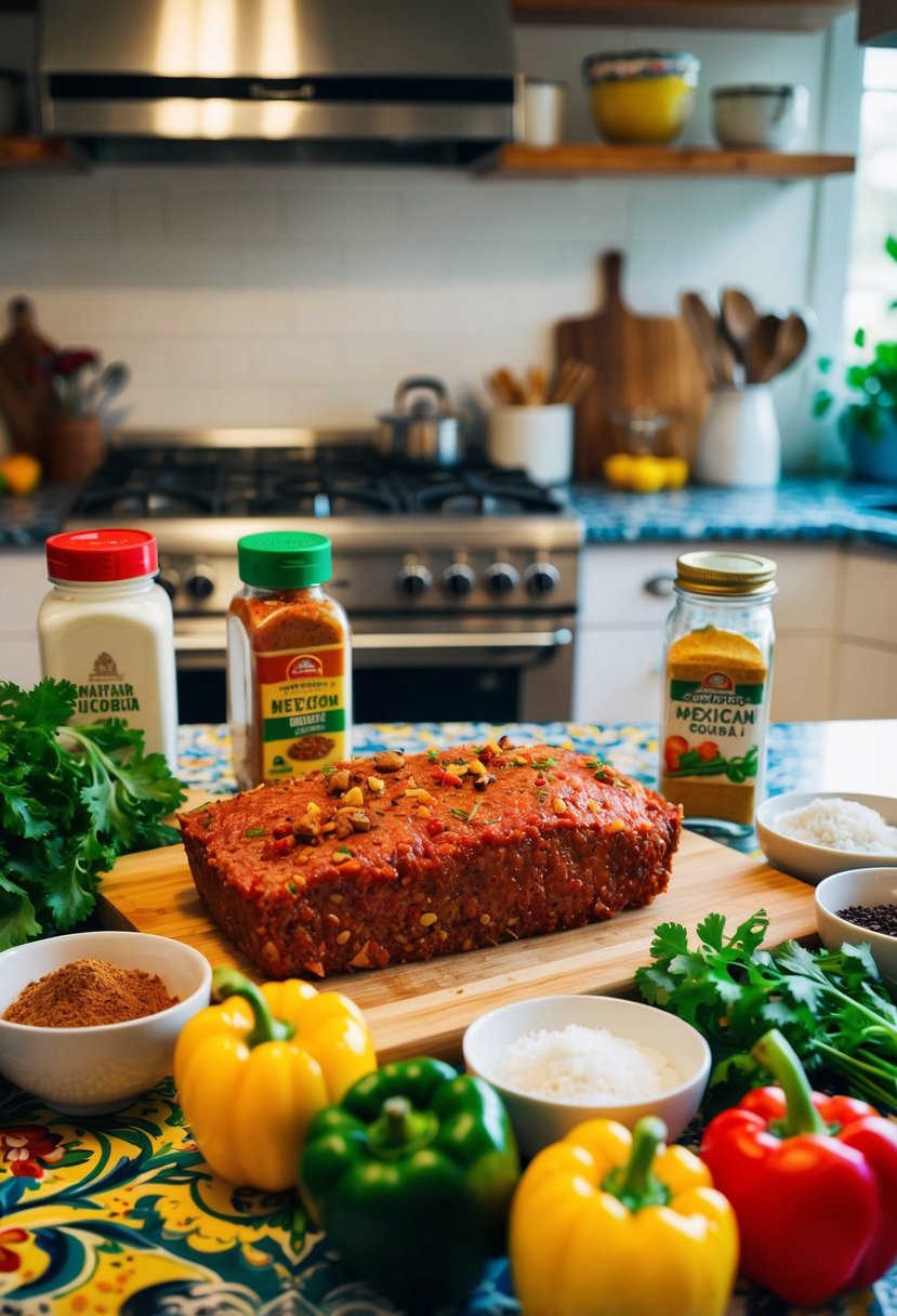 A colorful kitchen counter with fresh ingredients and spices laid out for making Mexican meatloaf